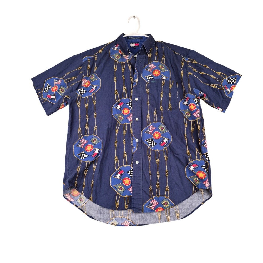 Tommy Hilfiger Mens Vintage Nautical Crest Flag Print Short Sleeve Shirt Navy M